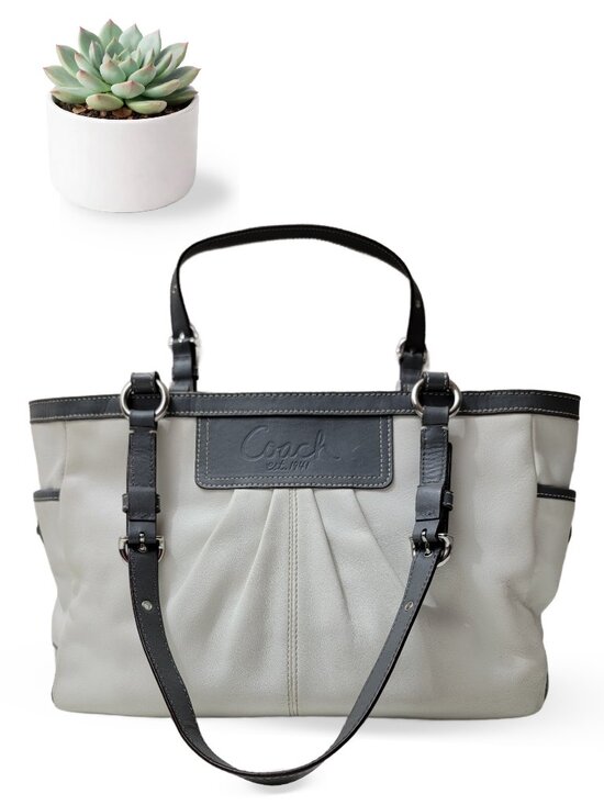 Coach Handbags - Coach Soho Pleated East West Gallery Tote Ivory Leather Gray Trim F13759